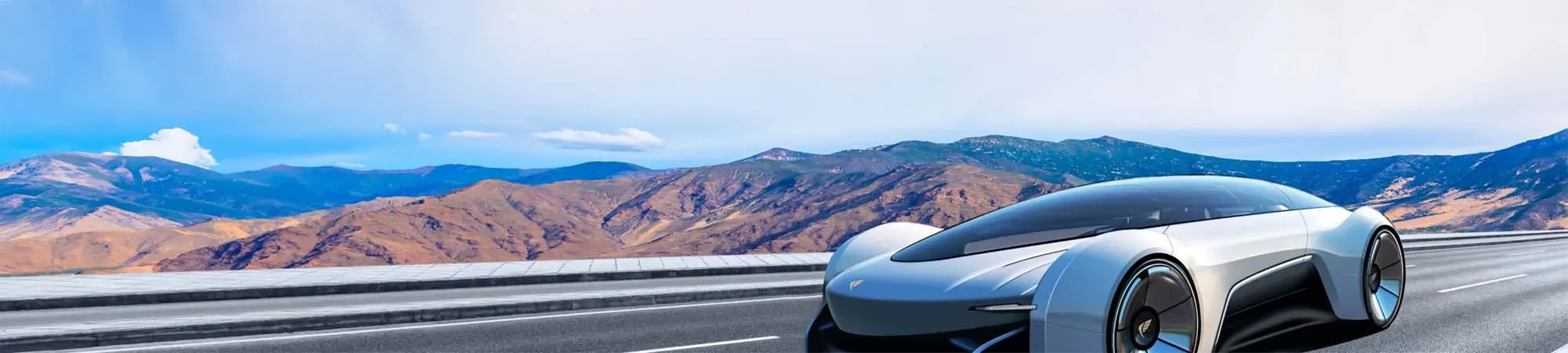 White concept electric car on a road with mountains in the distance