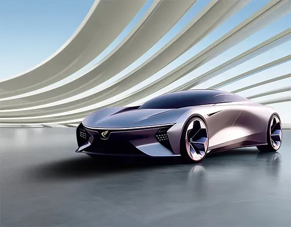 Futuristic concept car in front of contemporary background